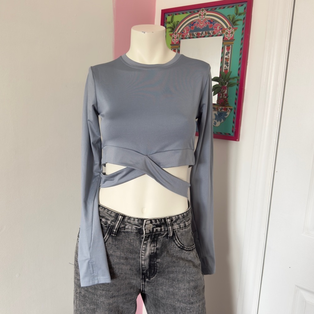 Blue Cropped Cross-Detail Long Sleeve Top
